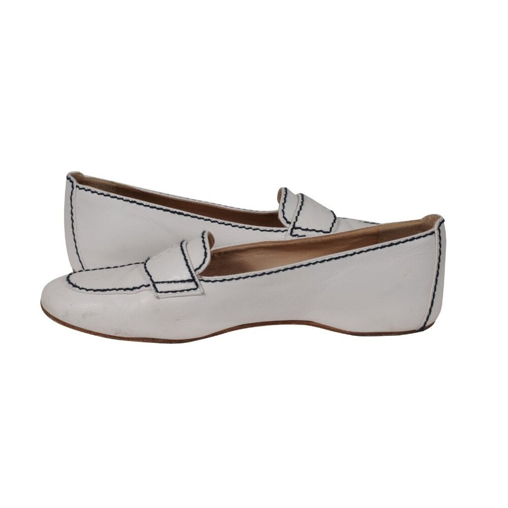 Chanel Womens CC Logo Flats US 7.5 EU 37.5 White Leather Blue Stitching - Picture 9 of 11